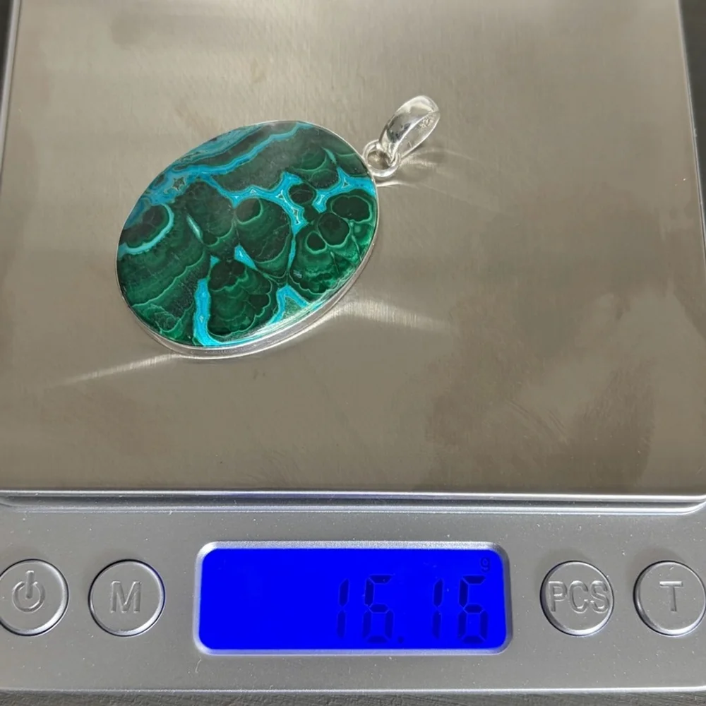 Large Top Quality Pure Sterling Silver 925 Malachite Chrysocolla Pendant